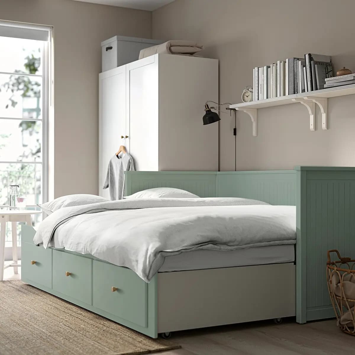 IKEA HEMNES Daybed frame with 3 drawers, gray-green [Width 42 1/2 ", Height 32 5/8 ", Drawer depth (inside) 27 1/2 "]