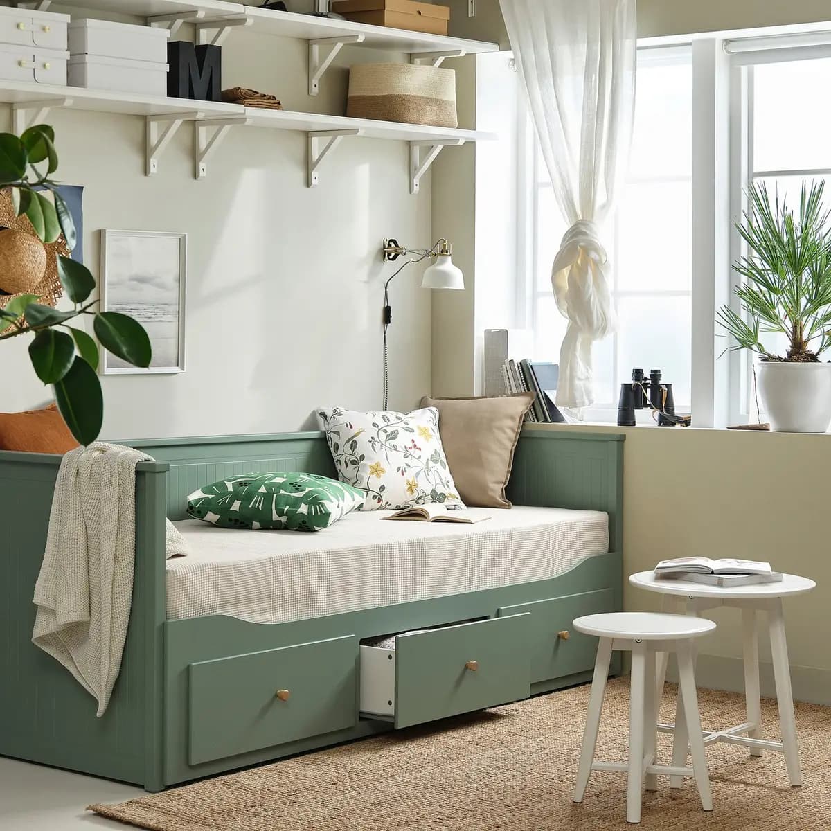 IKEA HEMNES Daybed frame with 3 drawers, gray-green [Width 42 1/2 ", Height 32 5/8 ", Drawer depth (inside) 27 1/2 "]