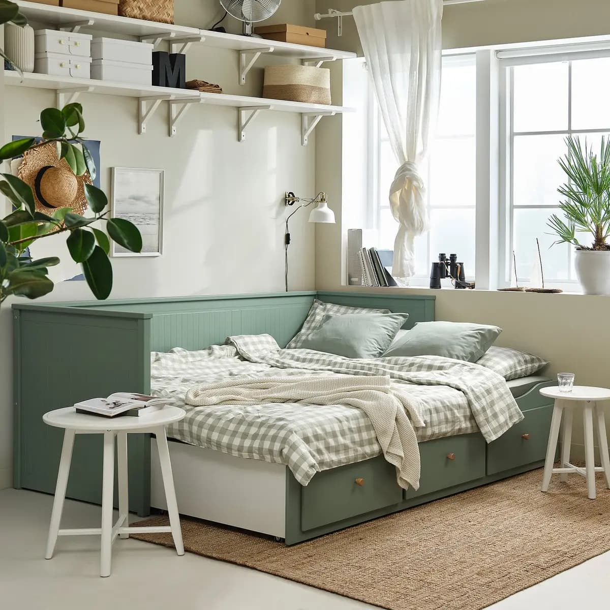 IKEA HEMNES Daybed frame with 3 drawers, gray-green [Width 42 1/2 ", Height 32 5/8 ", Drawer depth (inside) 27 1/2 "]