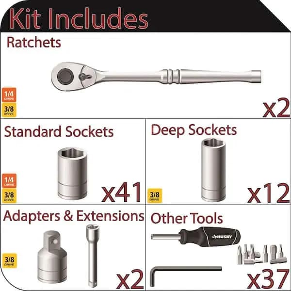 Husky 94-Piece SAE/Metric Mechanics Tool Set for 1/4 in. and 3/8 in. Drive with Case, H94MTS [Carrier Type: Hard Shell Carrier, Color Family: Silver, Individual/Set: Set]