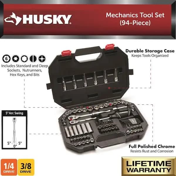Husky 94-Piece SAE/Metric Mechanics Tool Set for 1/4 in. and 3/8 in. Drive with Case, H94MTS [Carrier Type: Hard Shell Carrier, Color Family: Silver, Individual/Set: Set]
