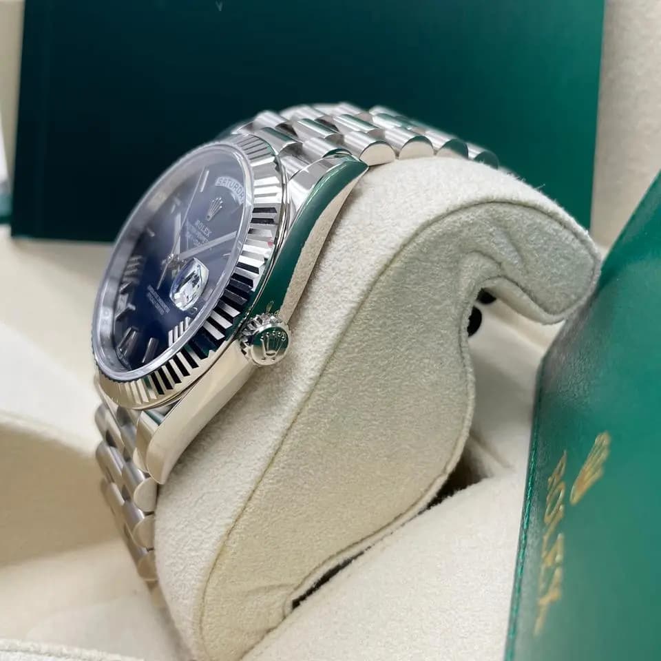 Rolex UNWORN Day-Date 40mm 228239 White Gold Fluted Bezel Blue Ombre Dial President Bracelet Full Set, Unworn Complete Box & Papers