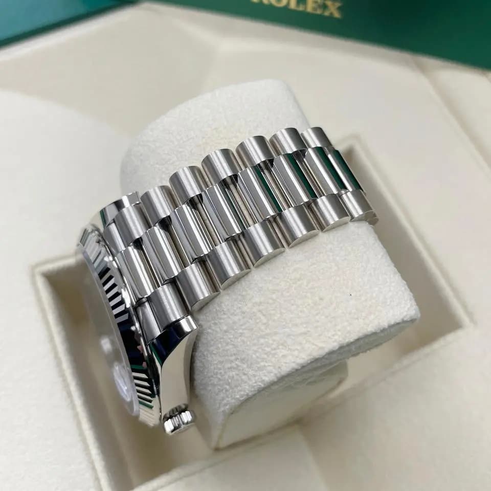 Rolex UNWORN Day-Date 40mm 228239 White Gold Fluted Bezel Blue Ombre Dial President Bracelet Full Set, Unworn Complete Box & Papers