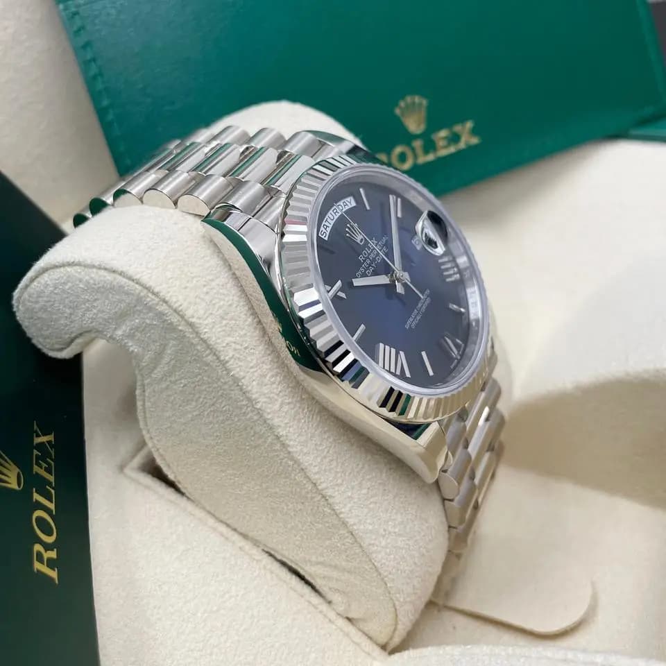 Rolex UNWORN Day-Date 40mm 228239 White Gold Fluted Bezel Blue Ombre Dial President Bracelet Full Set, Unworn Complete Box & Papers