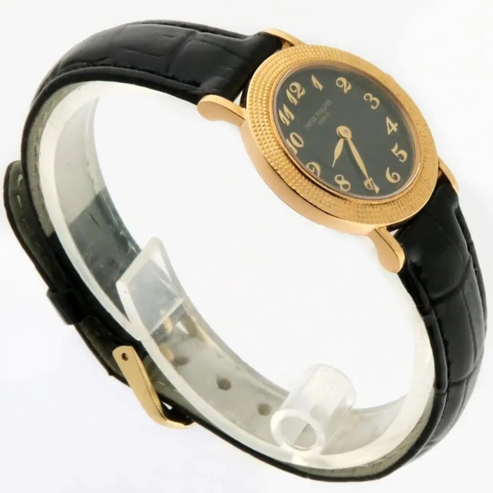 Patek Philippe Calatrava 18k Ladies 26mm Quartz Hobnail Clous-de-Paris Bezel, Black Arabic Dial