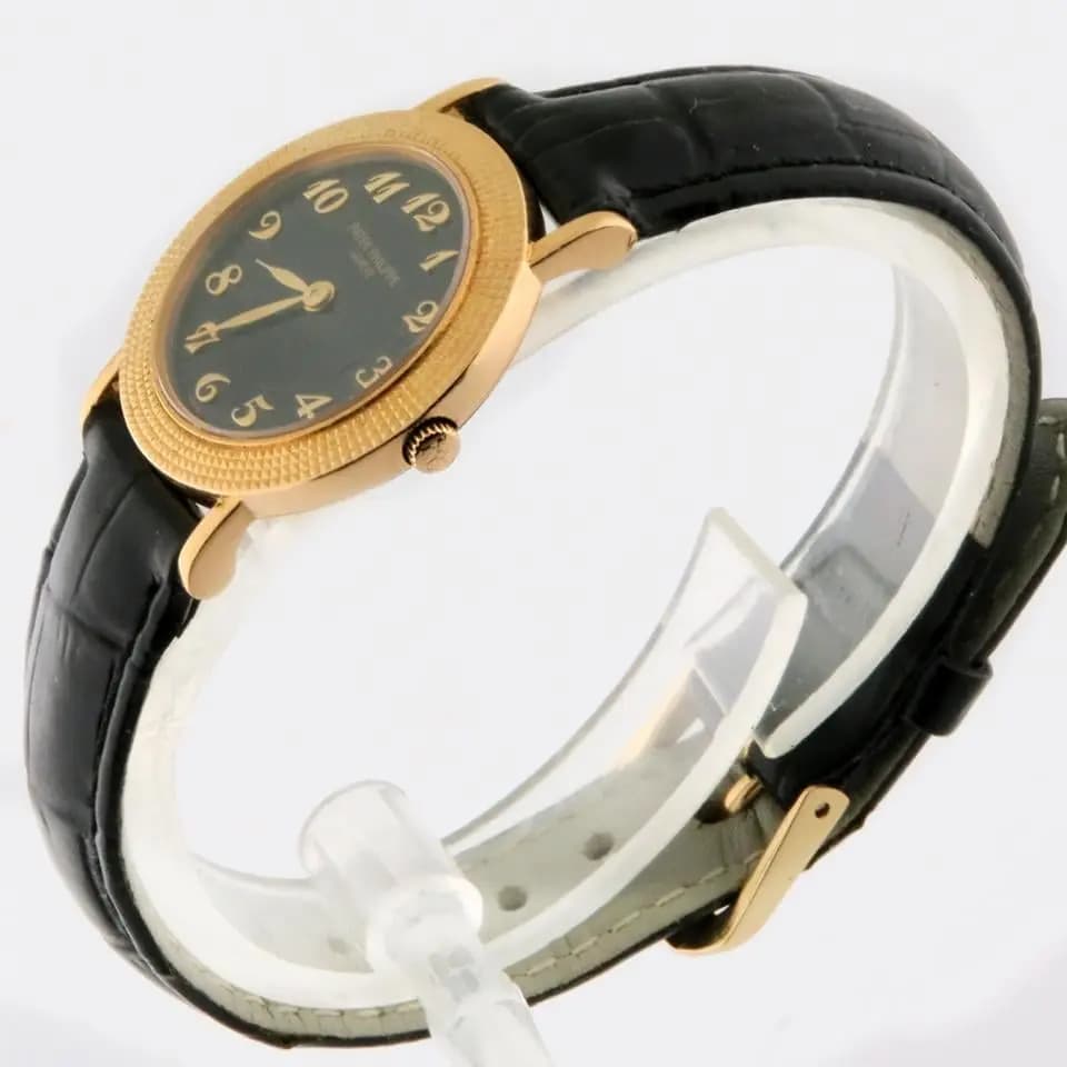 Patek Philippe Calatrava 18k Ladies 26mm Quartz Hobnail Clous-de-Paris Bezel, Black Arabic Dial