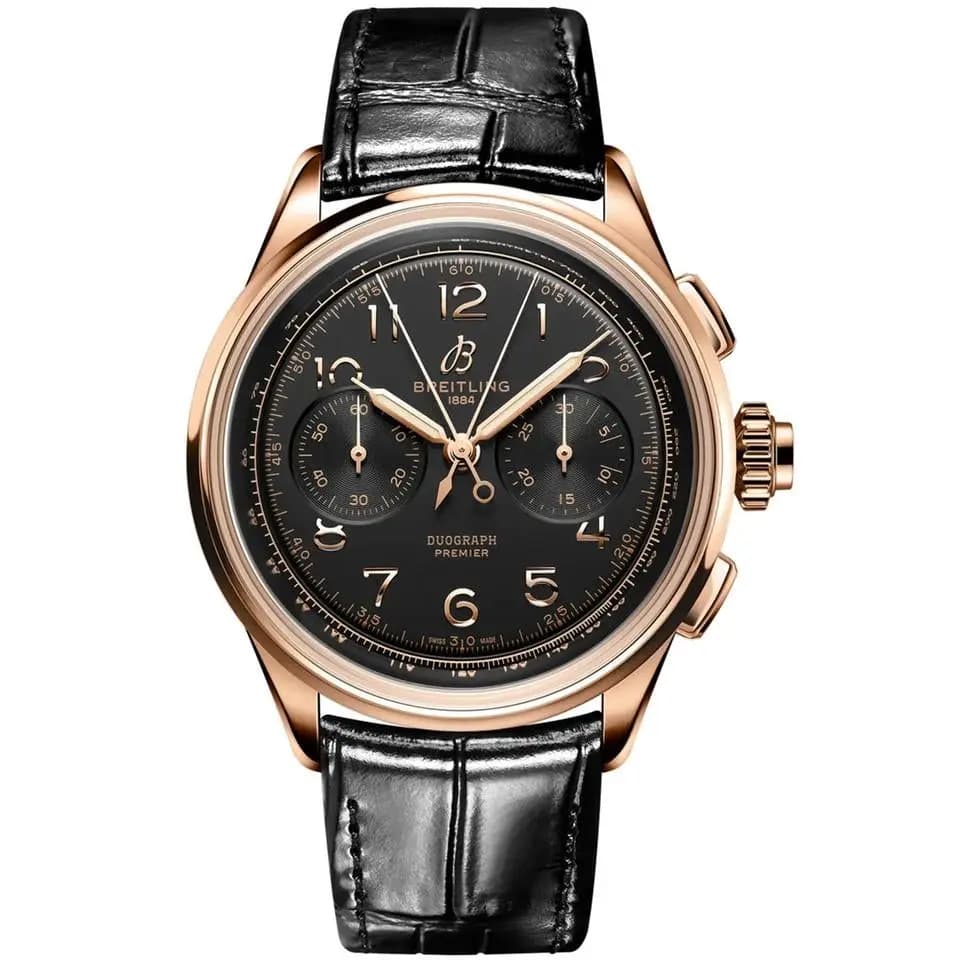 Breitling Duograph Premier B15 Duograph Black Dial Rose Gold Mens Watch RB1510