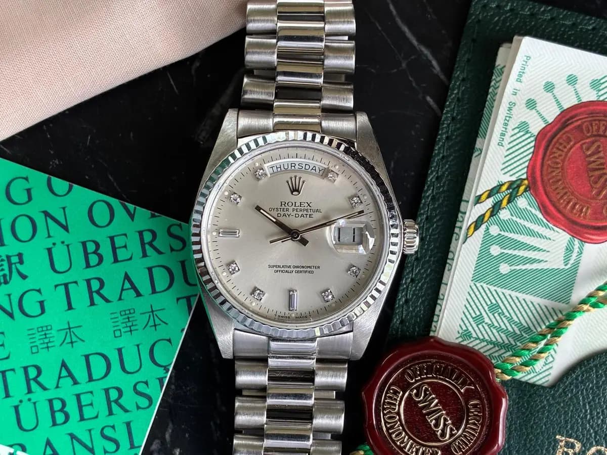 Rolex Day-Date 18039 White-Gold 36mm Silver Diamond Dial Full Set 1983