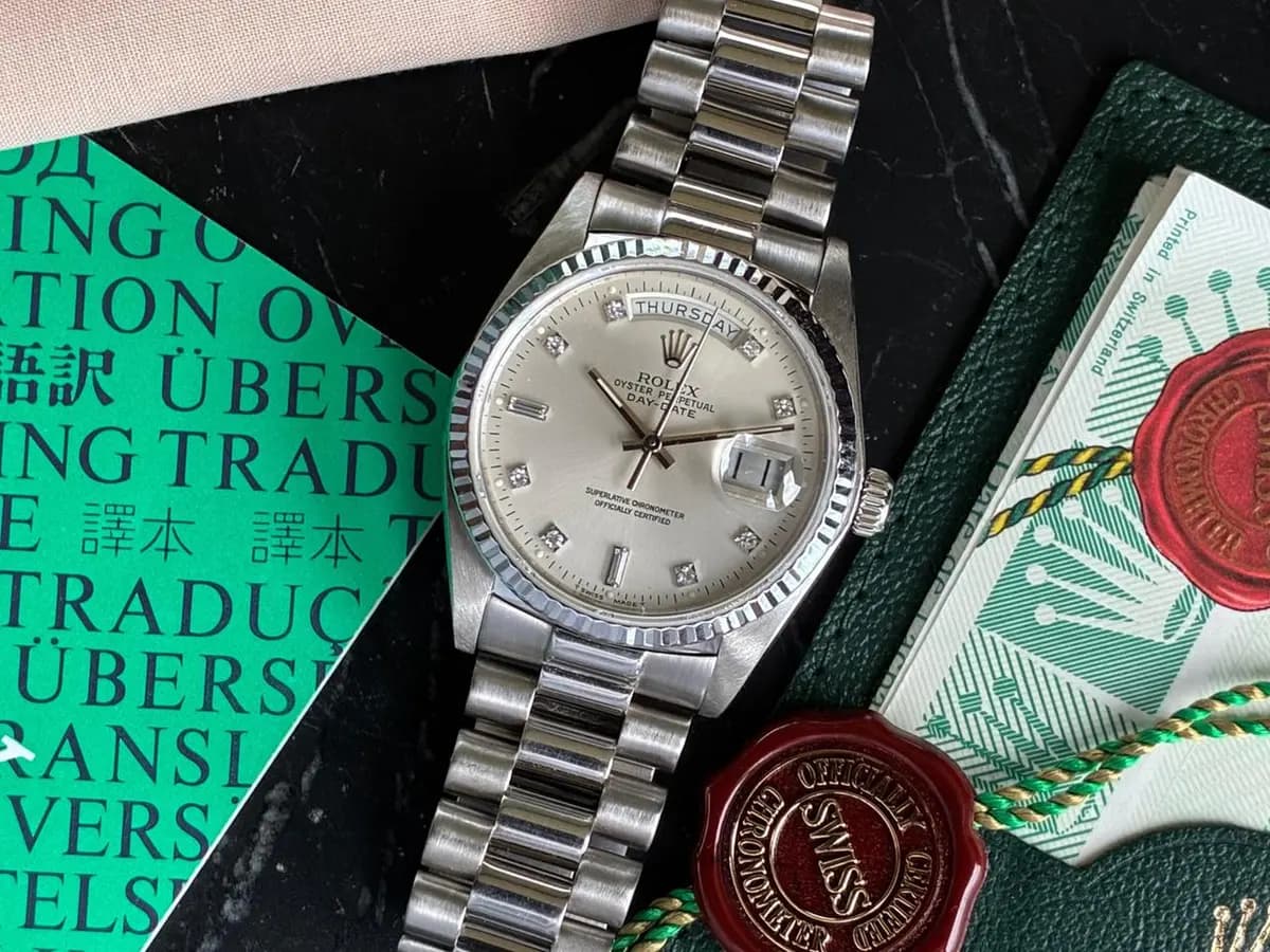 Rolex Day-Date 18039 White-Gold 36mm Silver Diamond Dial Full Set 1983