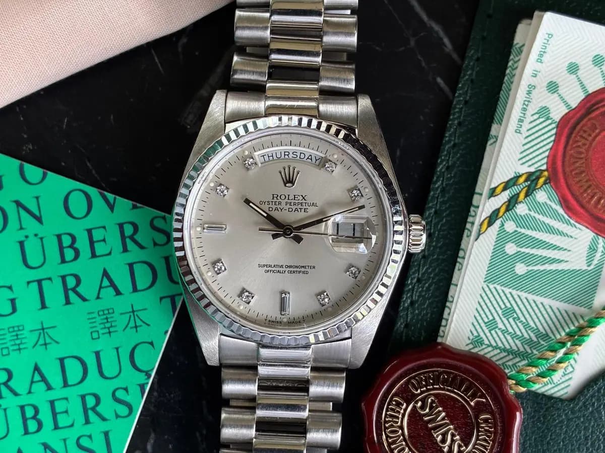 Rolex Day-Date 18039 White-Gold 36mm Silver Diamond Dial Full Set 1983