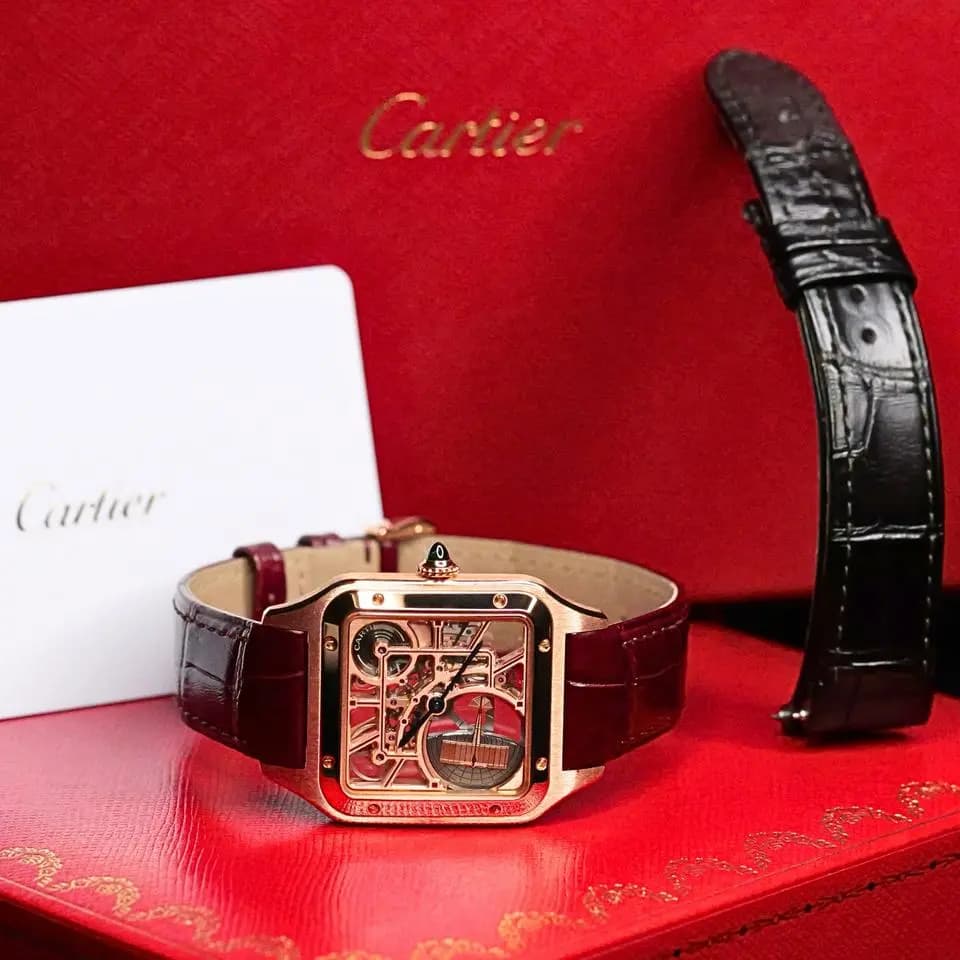 Cartier MINT COMPLETE SET Santos-Dumont Micro-Rotor Skeleton 18K Rose Gold Alligator 31mm WHSA0030