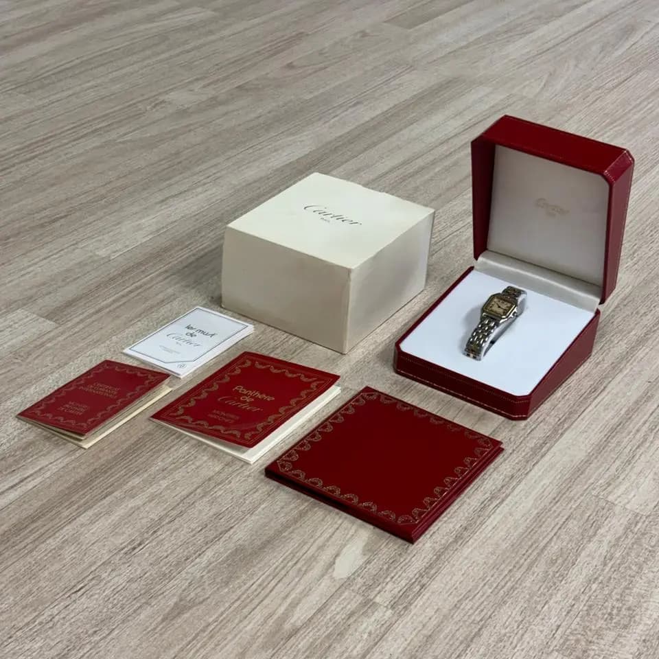 Cartier Panthère Small Gold/Steel Full Complete Set with box, certificate & booklets 1-row gold long bracelet Stunning condition comes with a 1 y