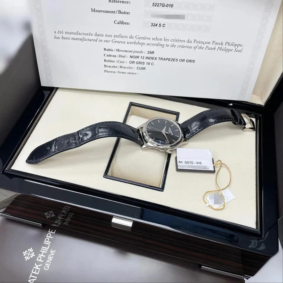 Patek Philippe UNWORN Calatrava 5227G-010 18K White Gold Black Dial Black Leather Strap Automatic Full Set, Unworn Complete Box & Papers