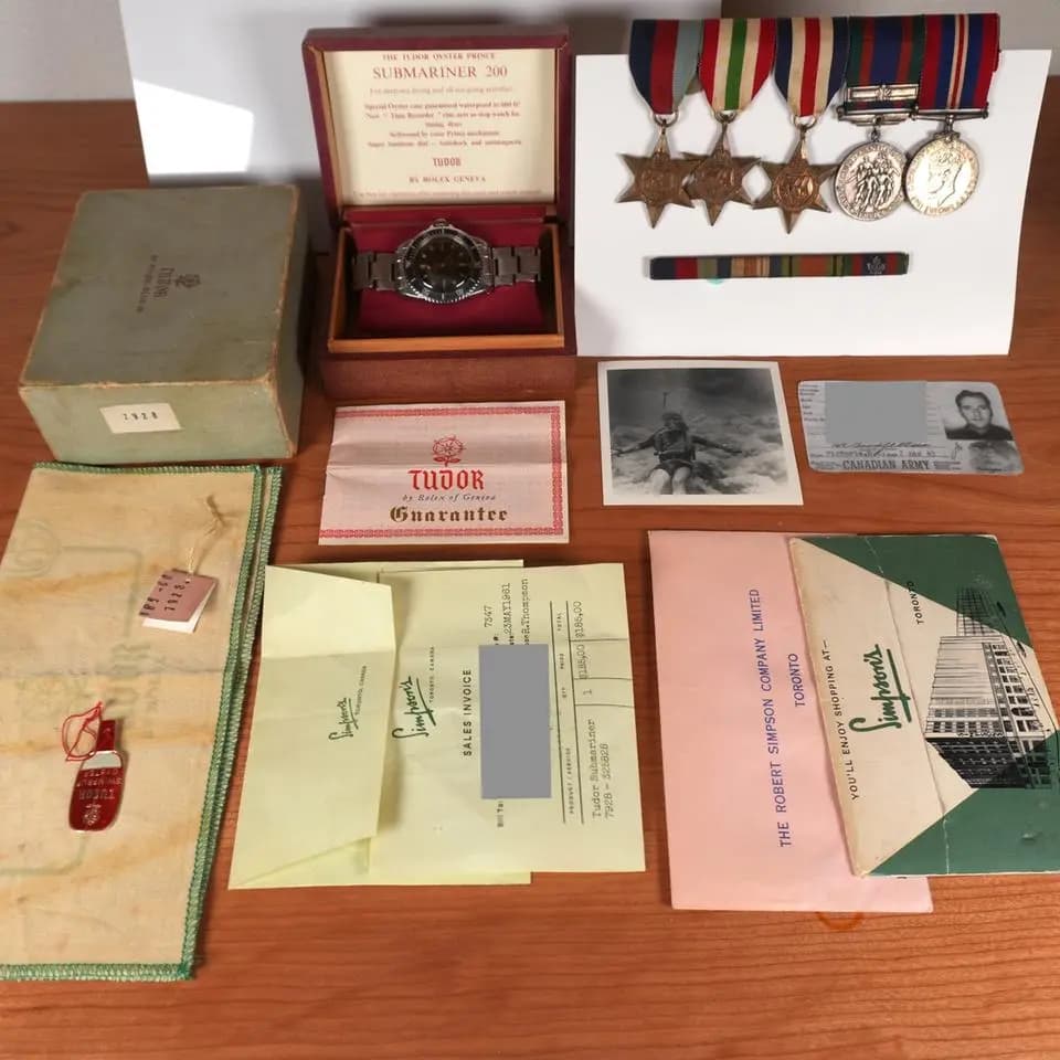 Tudor 1960 Tudor Submariner 7928 Full Set Tropical Dial Canadian Army Provenance Unpolished Tropical Full Set Box, Tags, Invoice and Papers