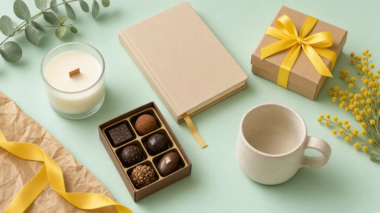 Wrapped gift boxes with a candle, a notebook and a tin of tea on a mint background