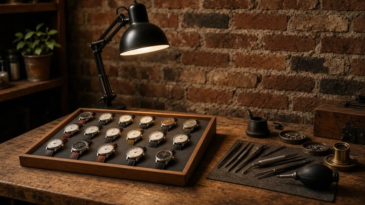 A watchmaker's bench with loupes, small tools and a watch movement under warm light