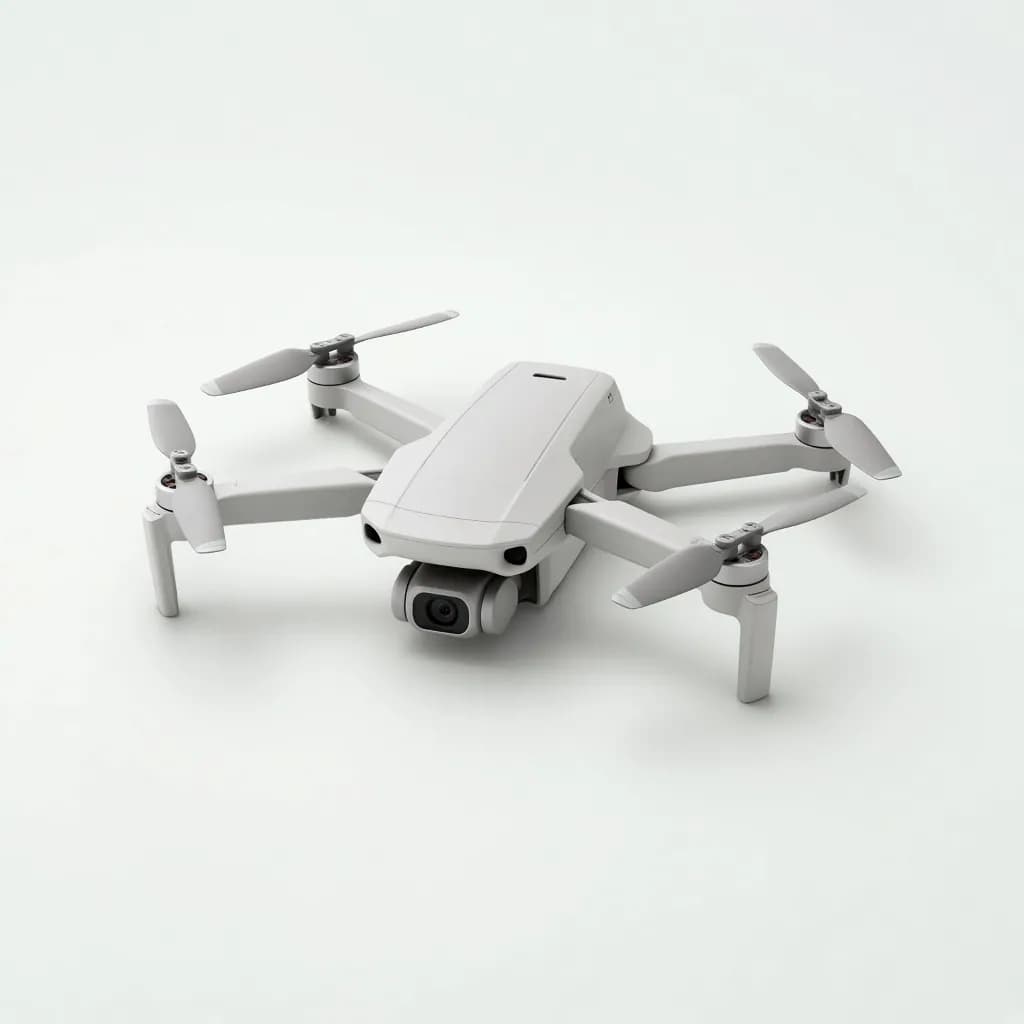 Compact folding quadcopter drone in light grey with a gimbal camera, arms unfolded
