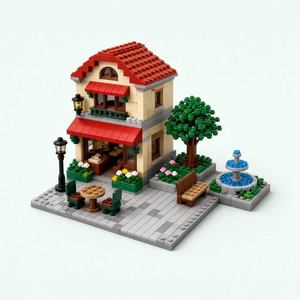 Colorful toy brick building set assembled into a small town square with a cafe