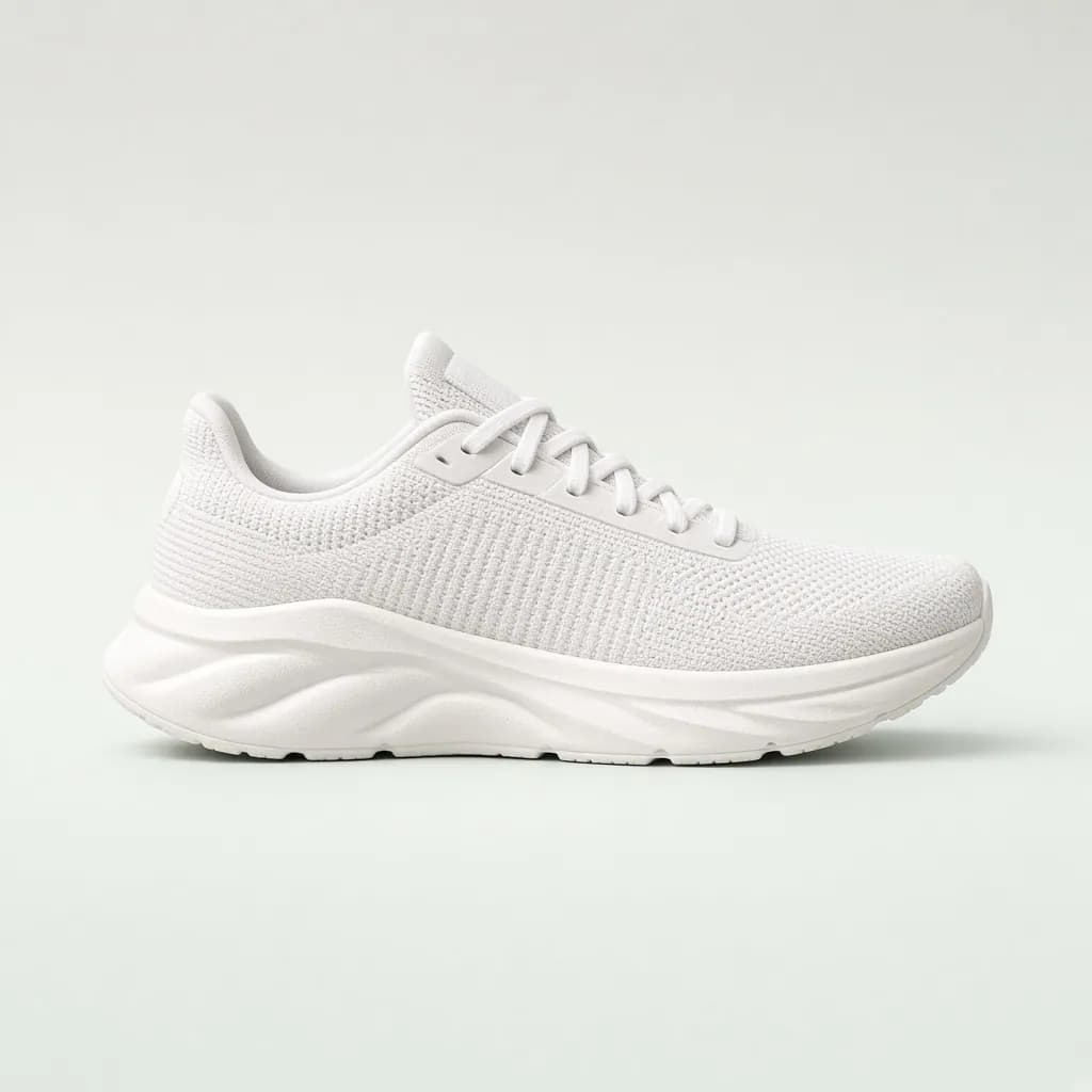 Single light chalk white knit running sneaker with a chunky foam sole, side view