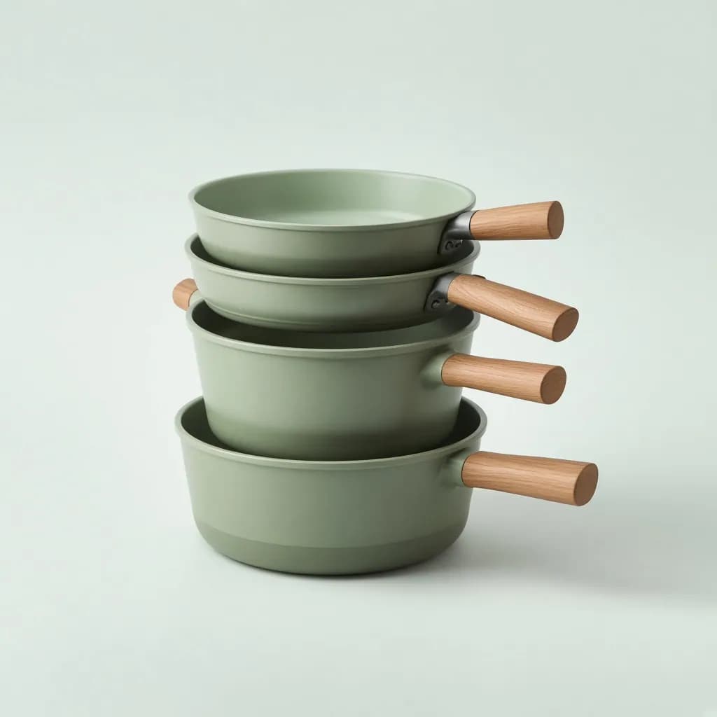 Stacked set of sage green ceramic nonstick pots and pans with wooden-look handles