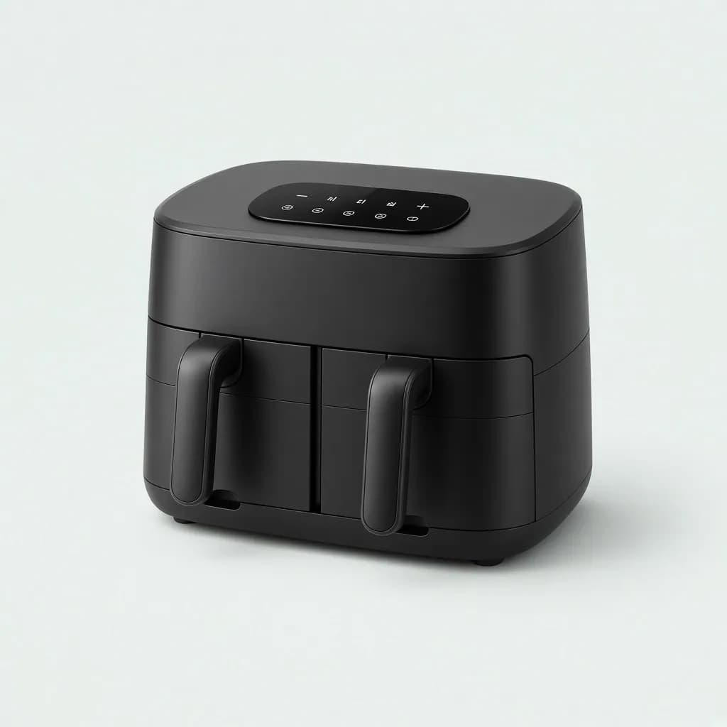 Modern dual-basket air fryer in matte black with a digital touch panel