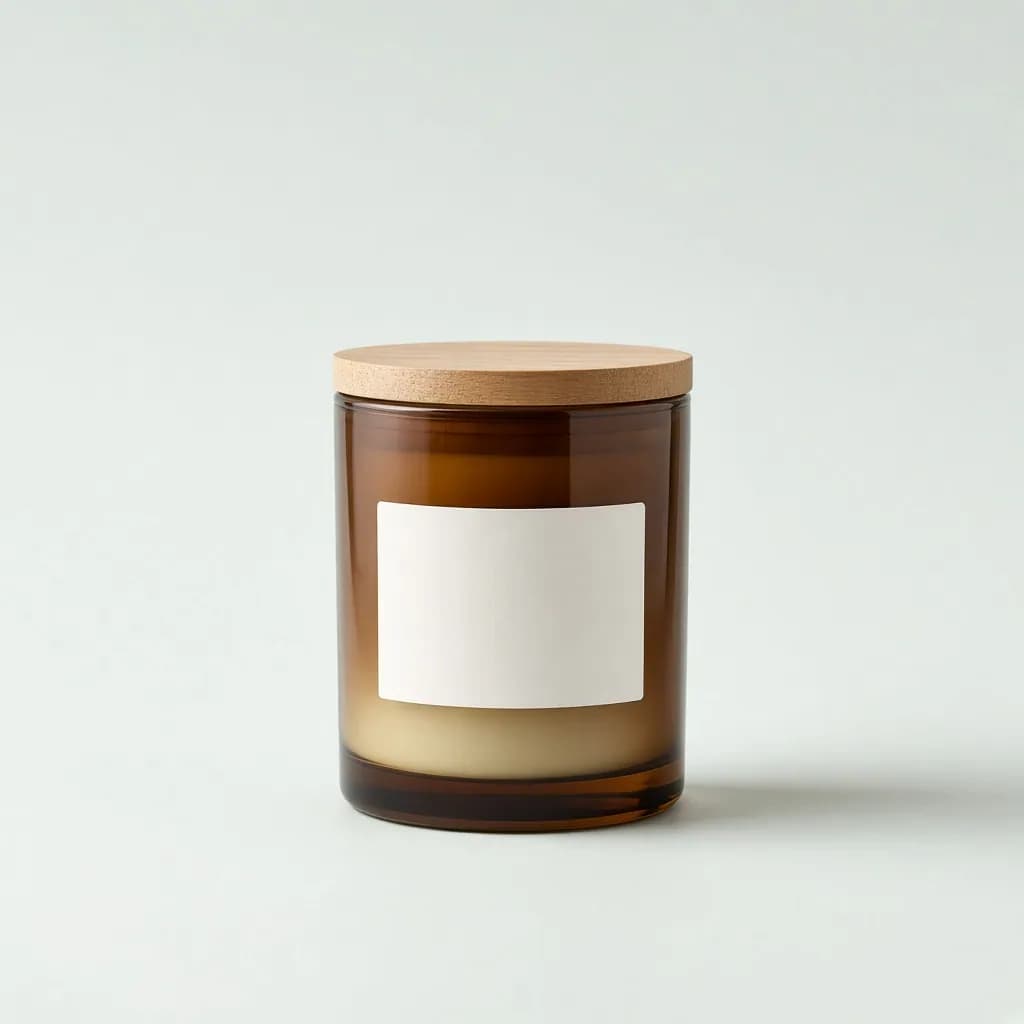 Amber glass jar candle with a wooden lid and a minimal blank label
