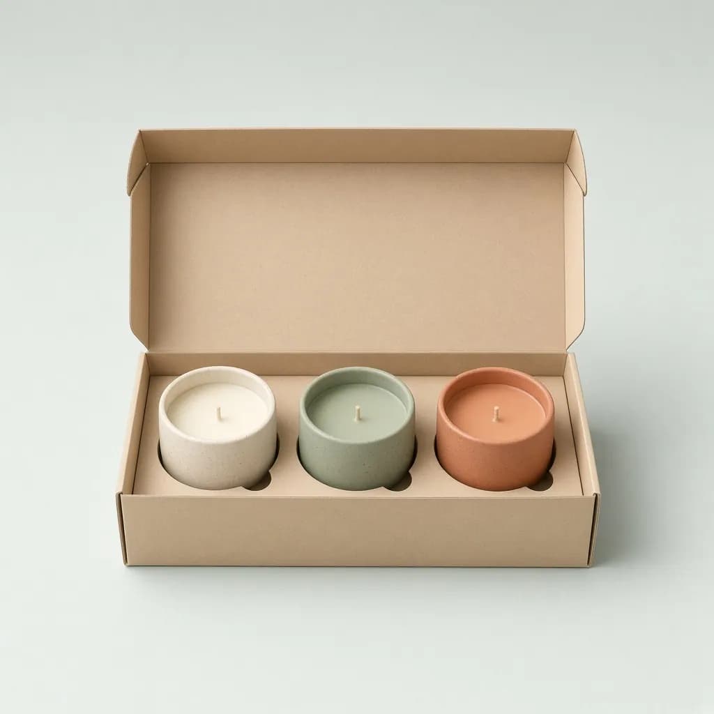 Three small ceramic candle tins in cream, sage and terracotta inside an open gift box