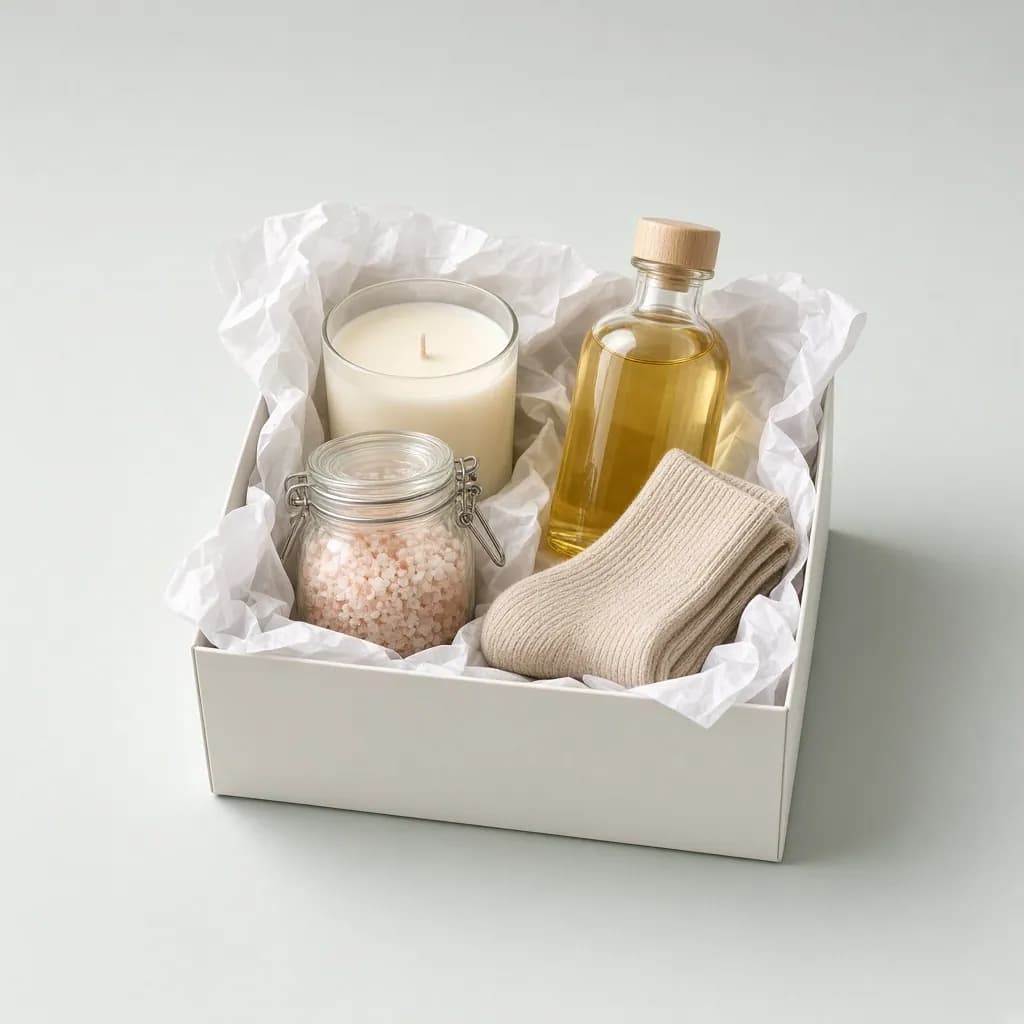 Elegant open gift box with a candle, bath salts jar, body oil bottle and folded socks on tissue paper