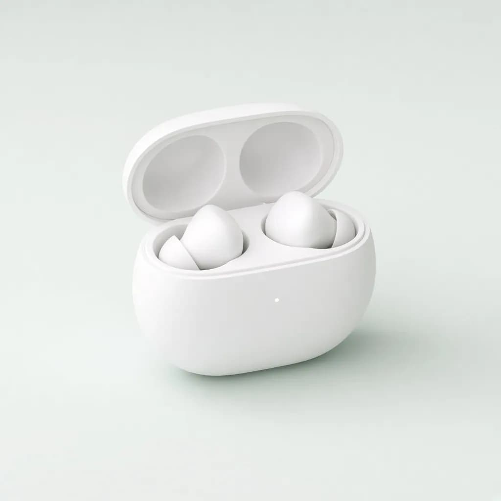 Pair of small wireless earbuds beside an open pebble-shaped white charging case