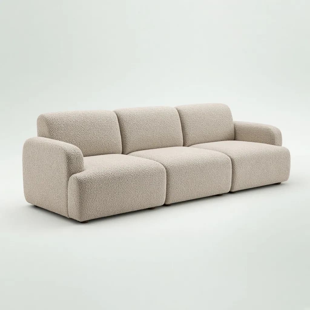 Modern low modular three-seat sofa upholstered in oat boucle fabric