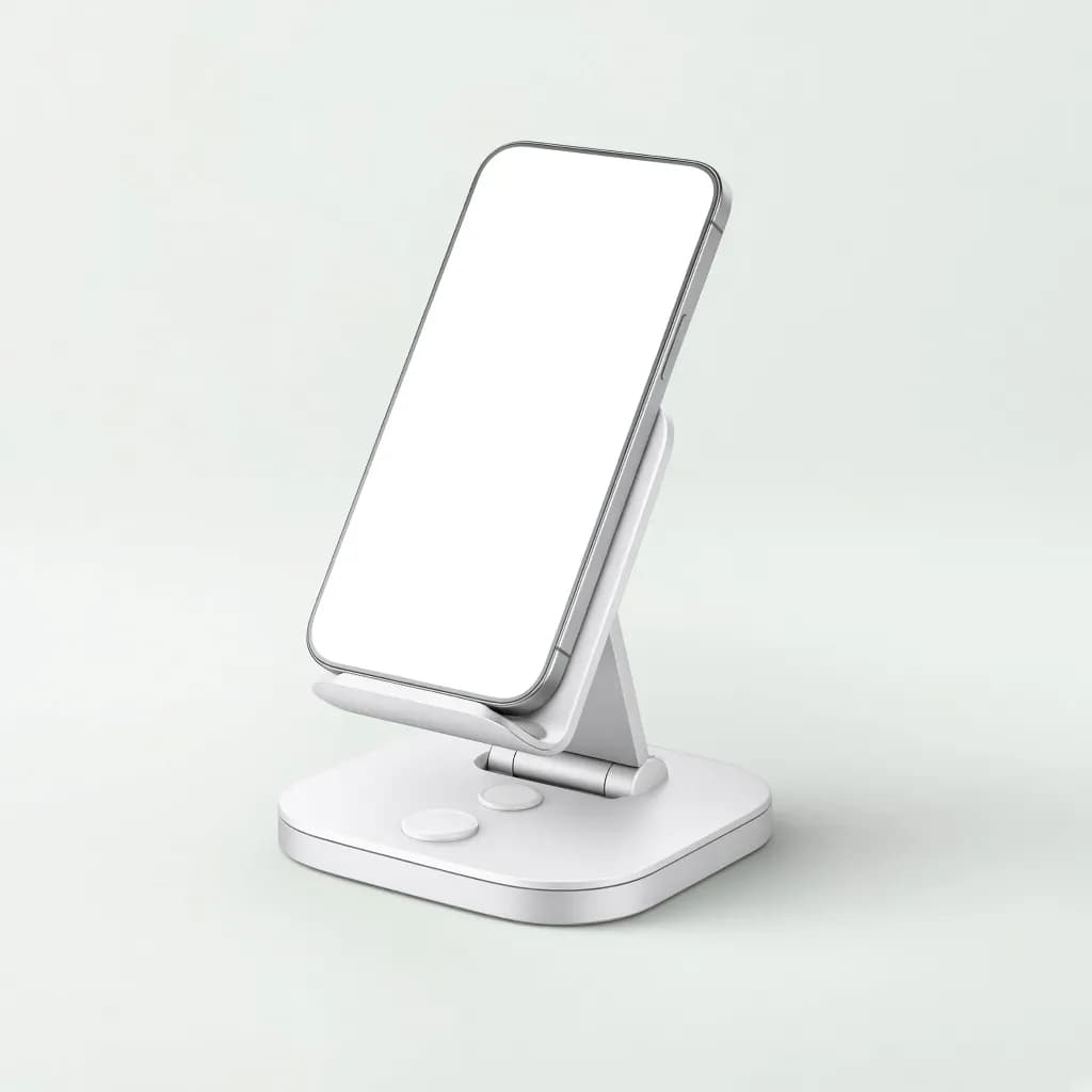 Sleek foldable 3-in-1 wireless charging stand in white aluminum holding a blank smartphone