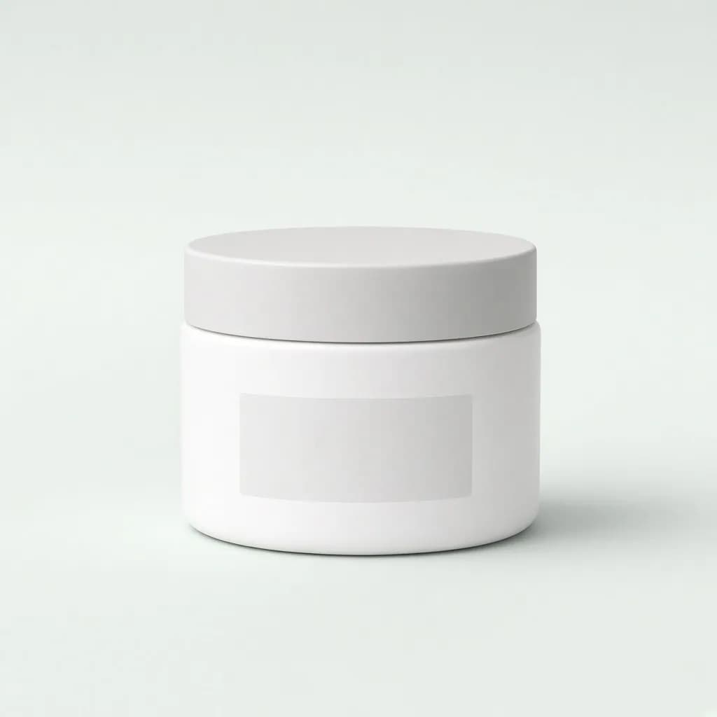 White ceramic-look moisturizer jar with a matte lid, minimal blank label