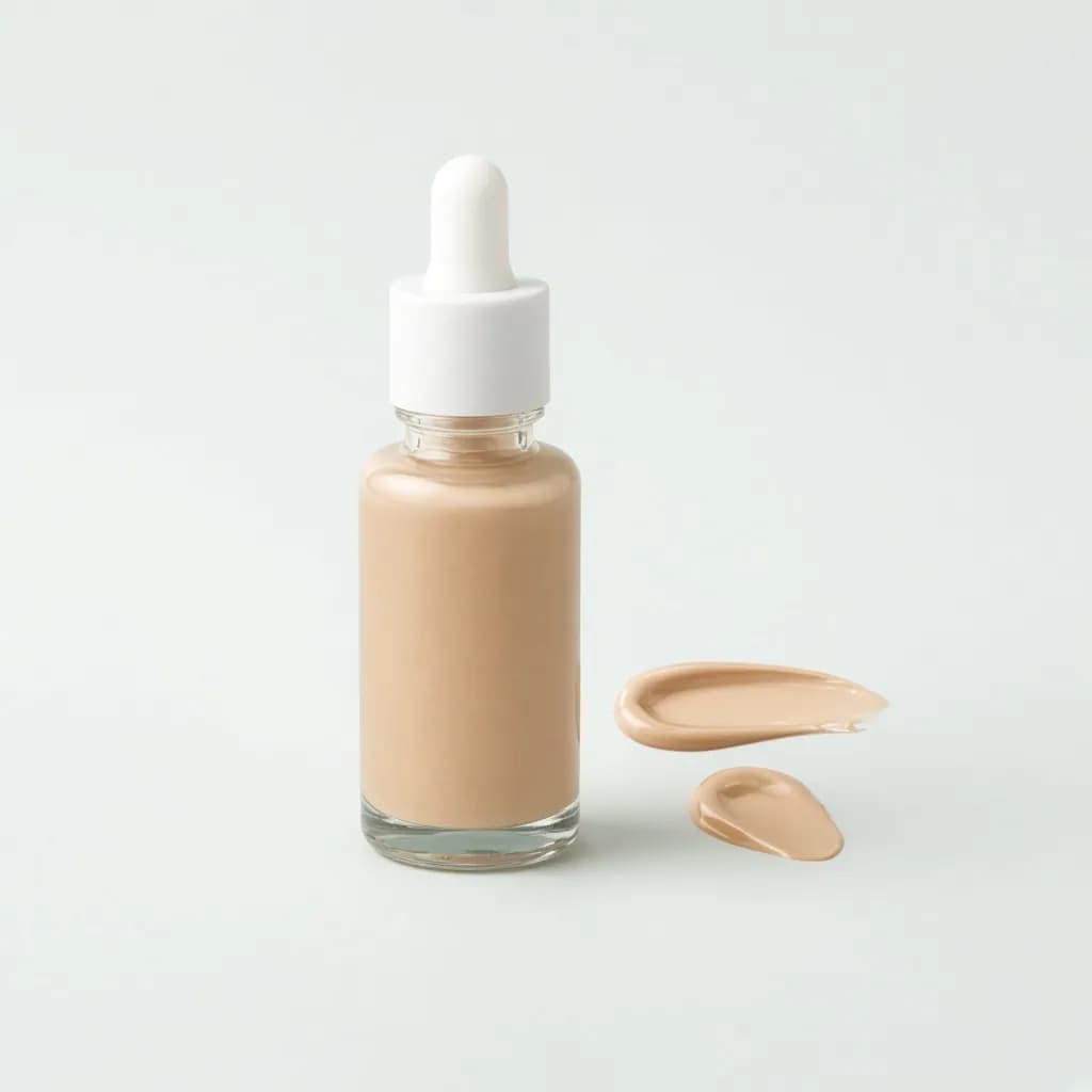 Glass dropper bottle of skin tint foundation with a few drops swatched beside it