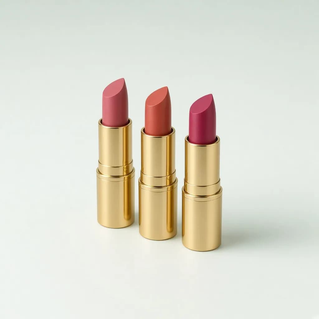 Three sleek gold lipstick tubes open showing rose, terracotta and berry shades