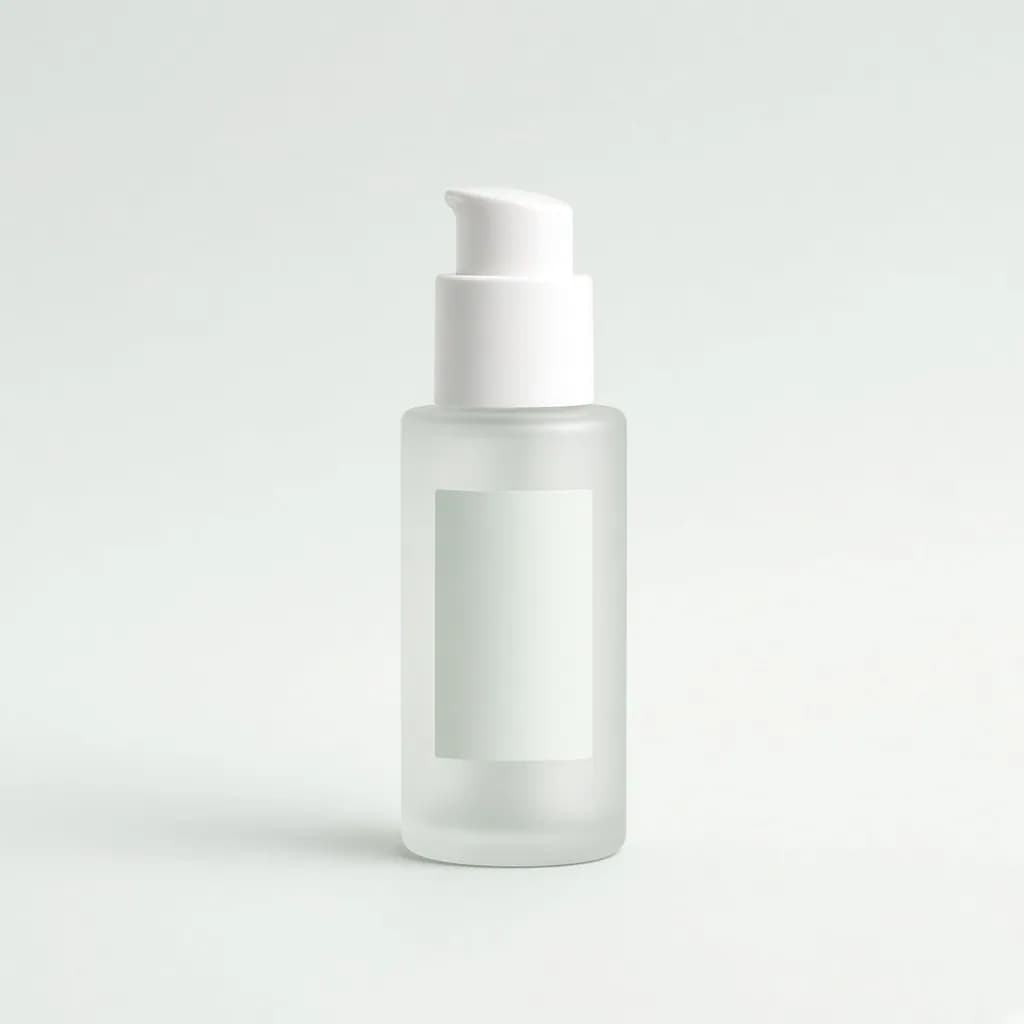 Frosted glass airless serum bottle with a white pump, minimal blank label
