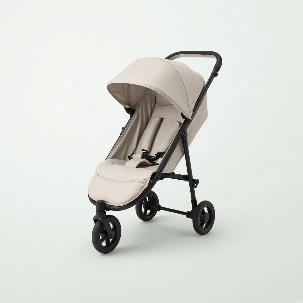 Compact lightweight travel stroller in stone beige with a black frame