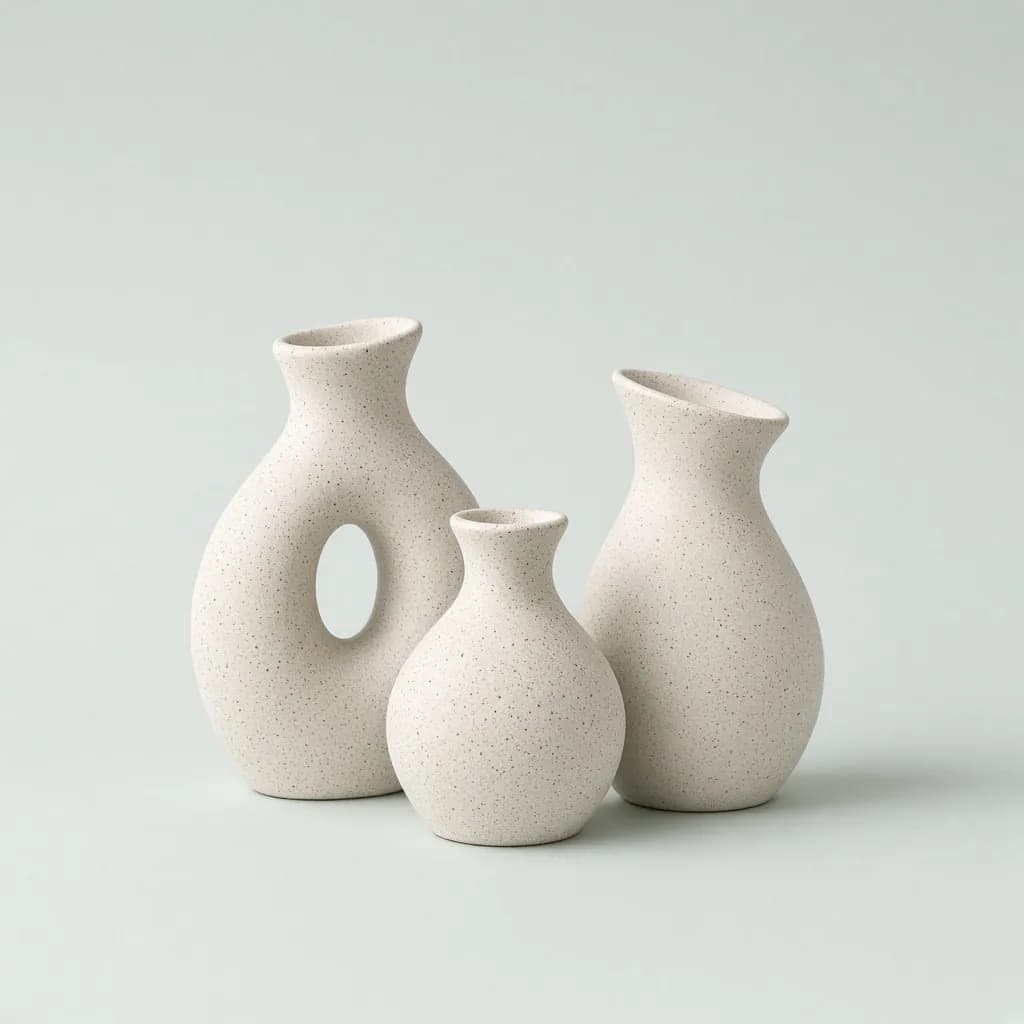 Trio of matte speckled cream stoneware vases in sculptural shapes
