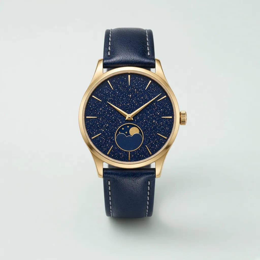 Luxury wristwatch with a sparkling deep blue dial, gold moonphase window and a navy leather strap