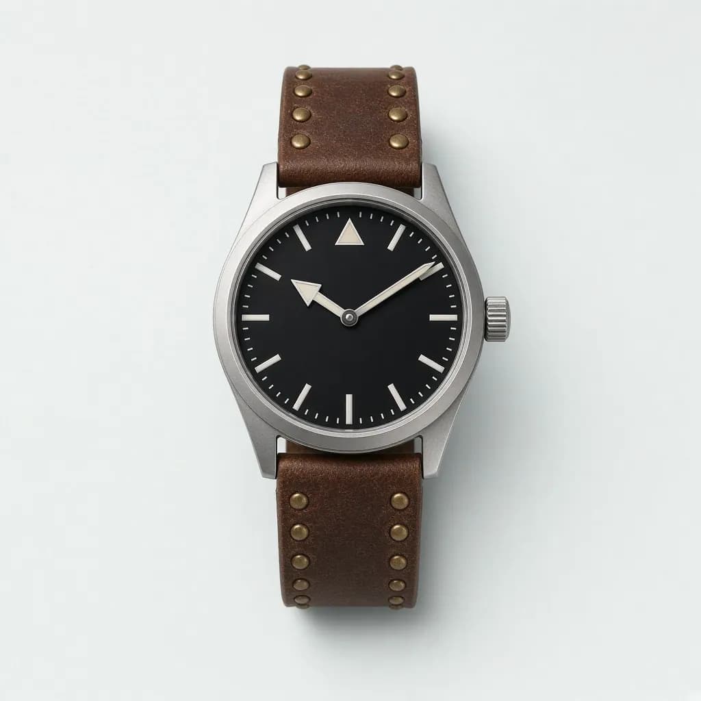 Pilot style wristwatch with a large matte black dial, triangle marker at twelve and a riveted brown leather strap