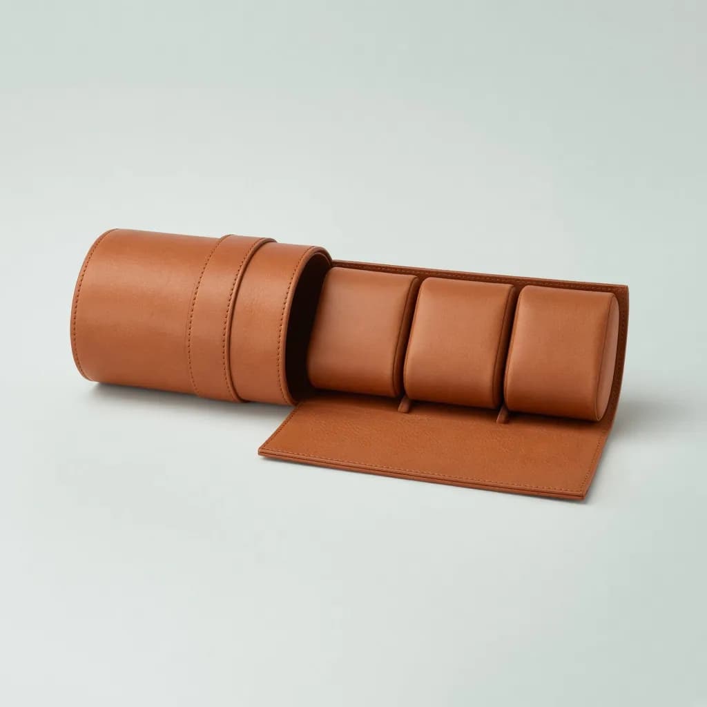 Cognac leather watch travel roll partially unrolled showing three cushions
