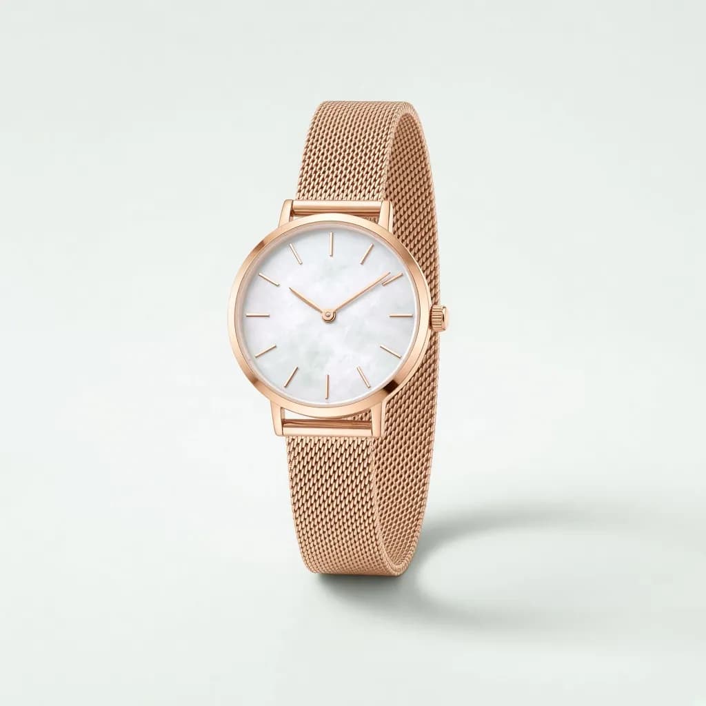 Delicate women's wristwatch with a mother-of-pearl dial and a fine rose-gold mesh bracelet