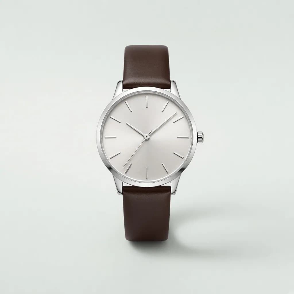 Elegant slim dress wristwatch with a silver sunburst dial, thin baton hands and a brown leather strap