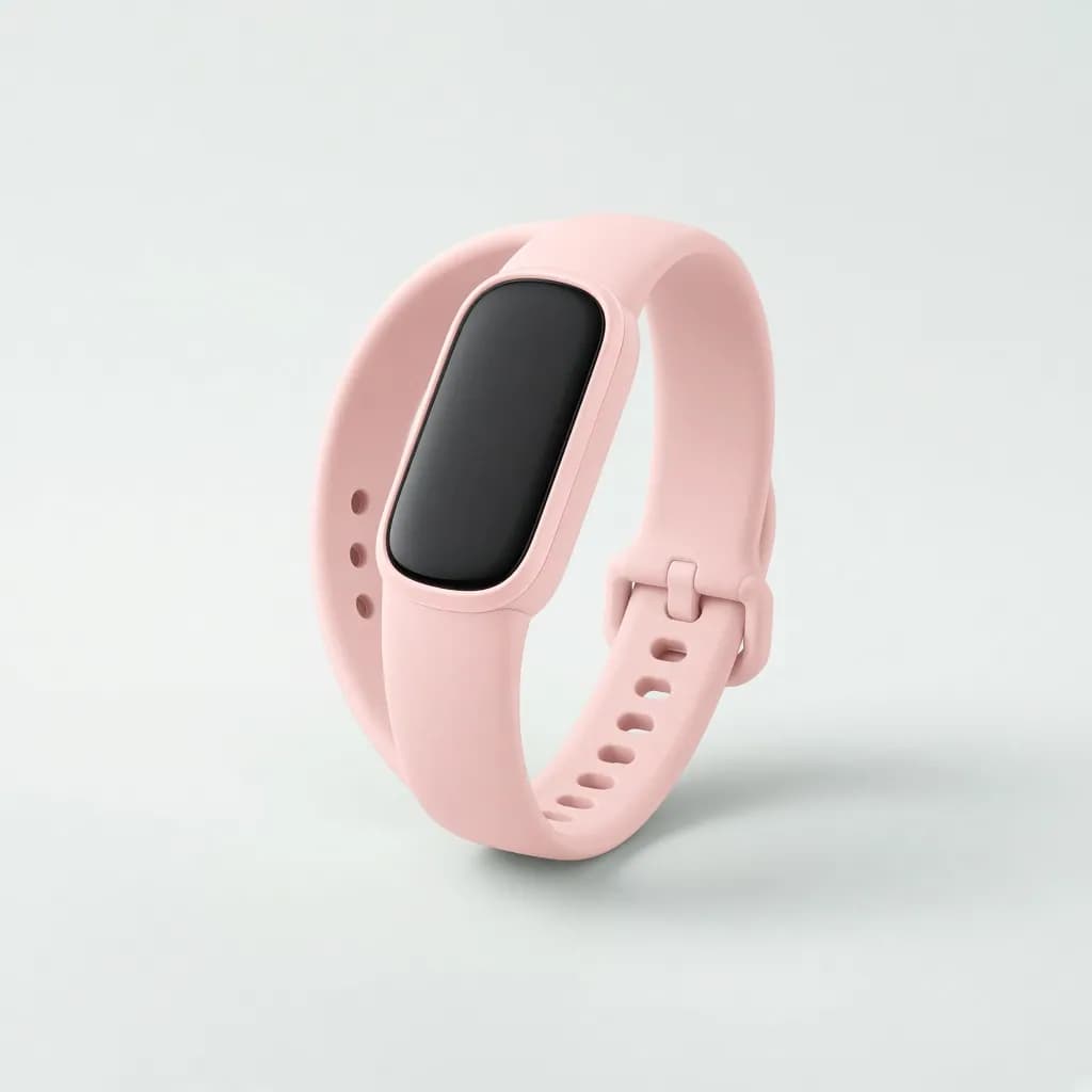 Slim fitness tracker band in soft blush pink with a small curved screen
