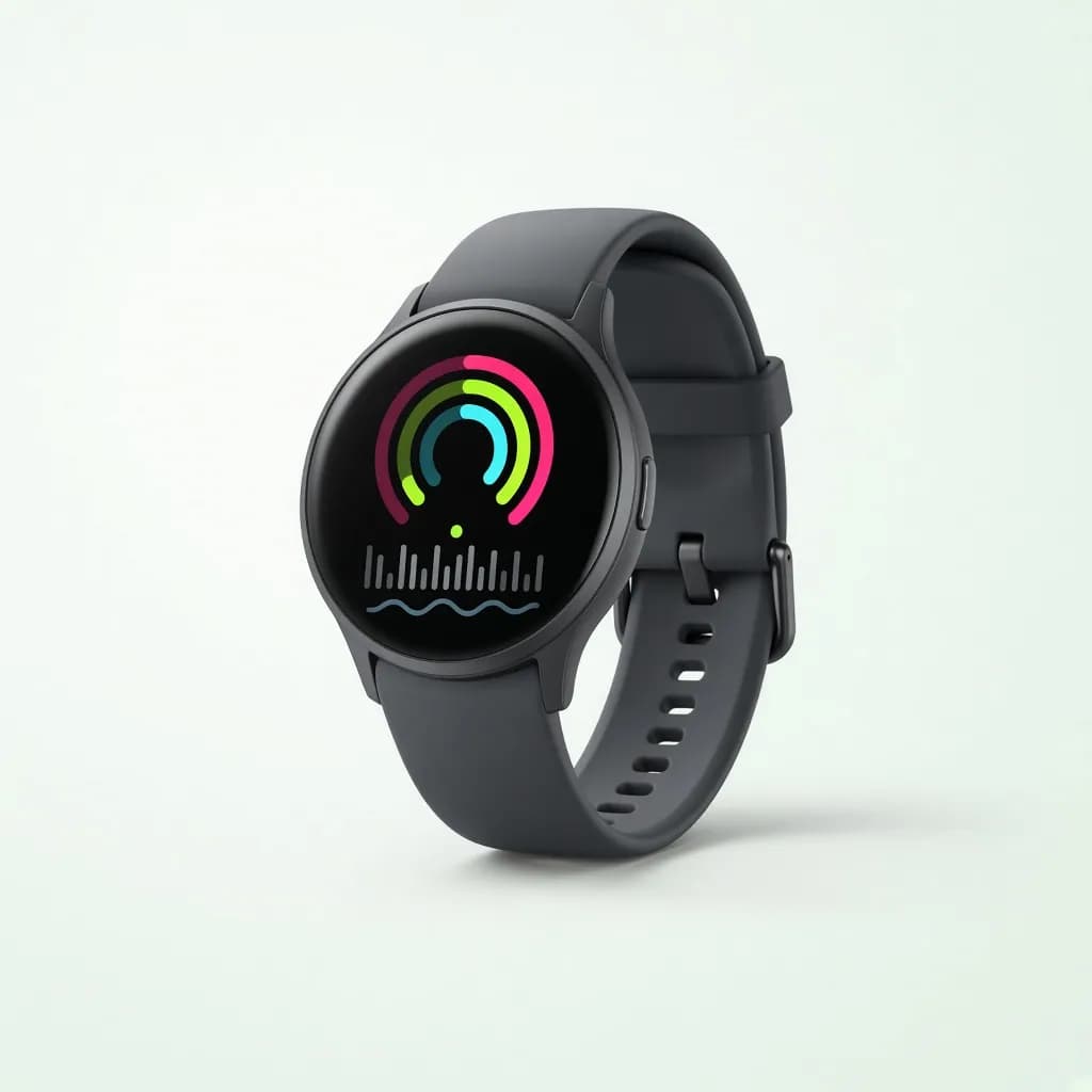 Modern round smartwatch with a dark fitness dashboard on screen and a graphite sport band