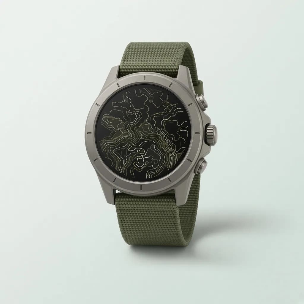 Rugged titanium outdoor smartwatch with a topographic map on screen and an olive nylon strap