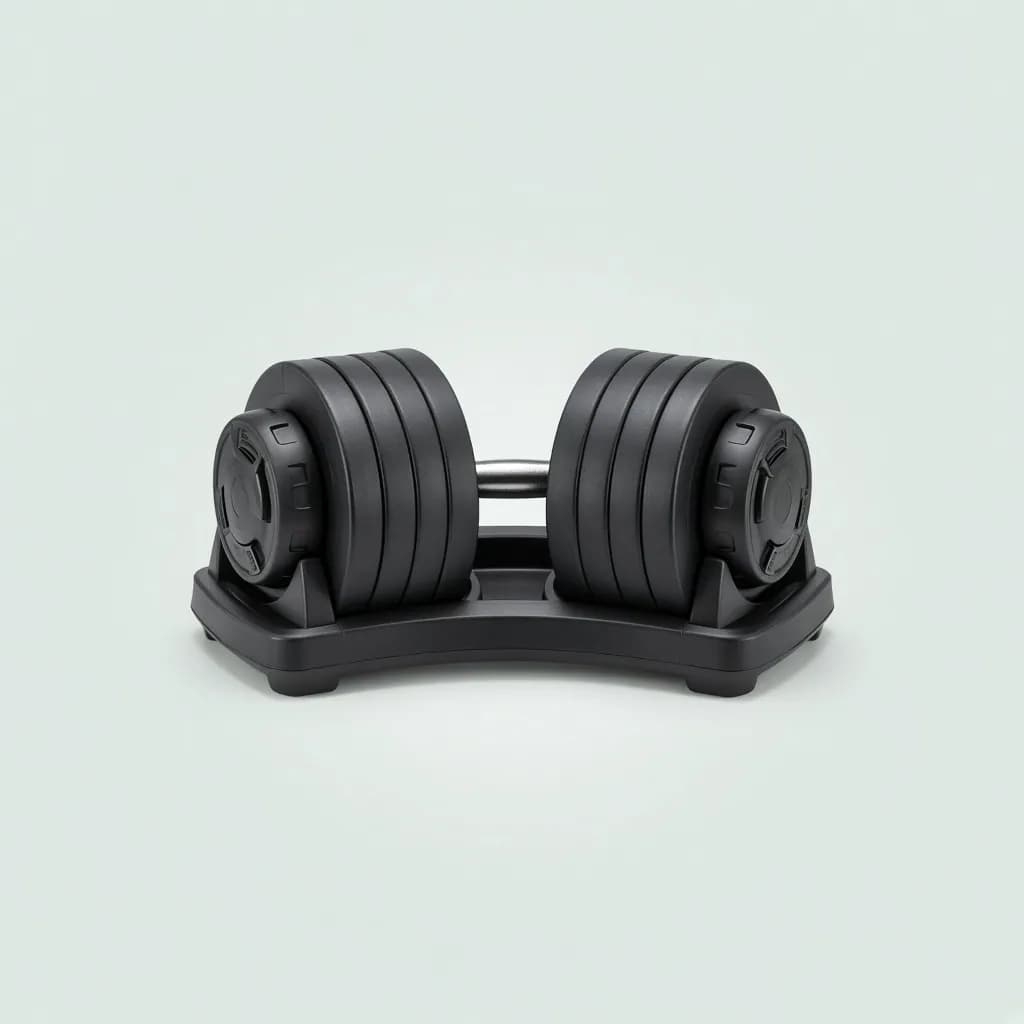 Pair of adjustable dumbbells with black plates and dials sitting in their trays