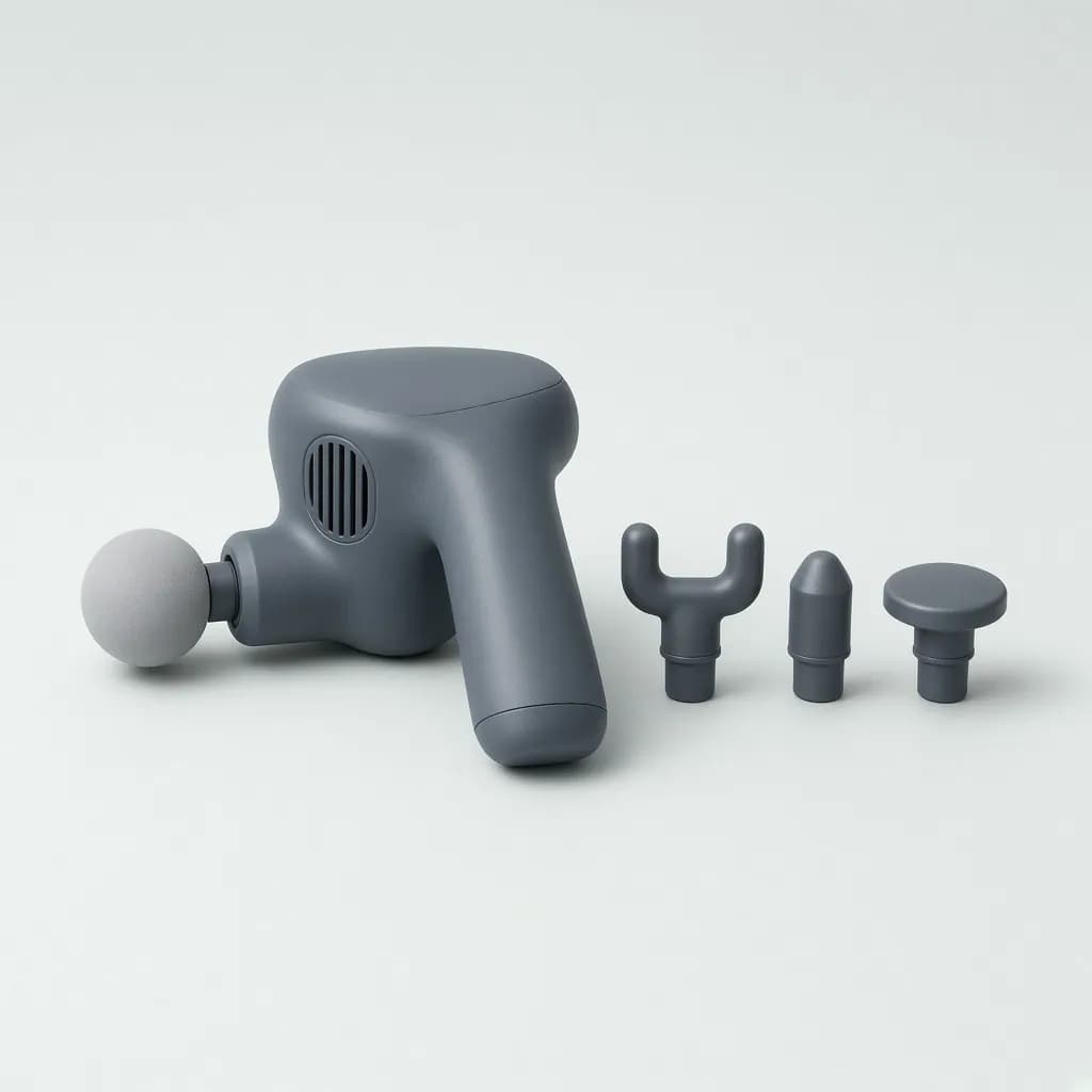 Ergonomic percussion massage gun in slate grey with interchangeable heads
