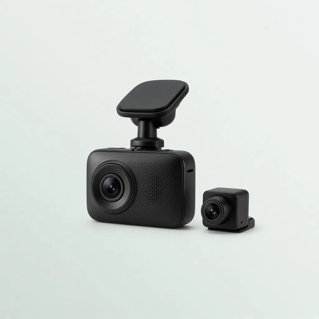 Compact black car dash camera with a small rear camera unit and mount