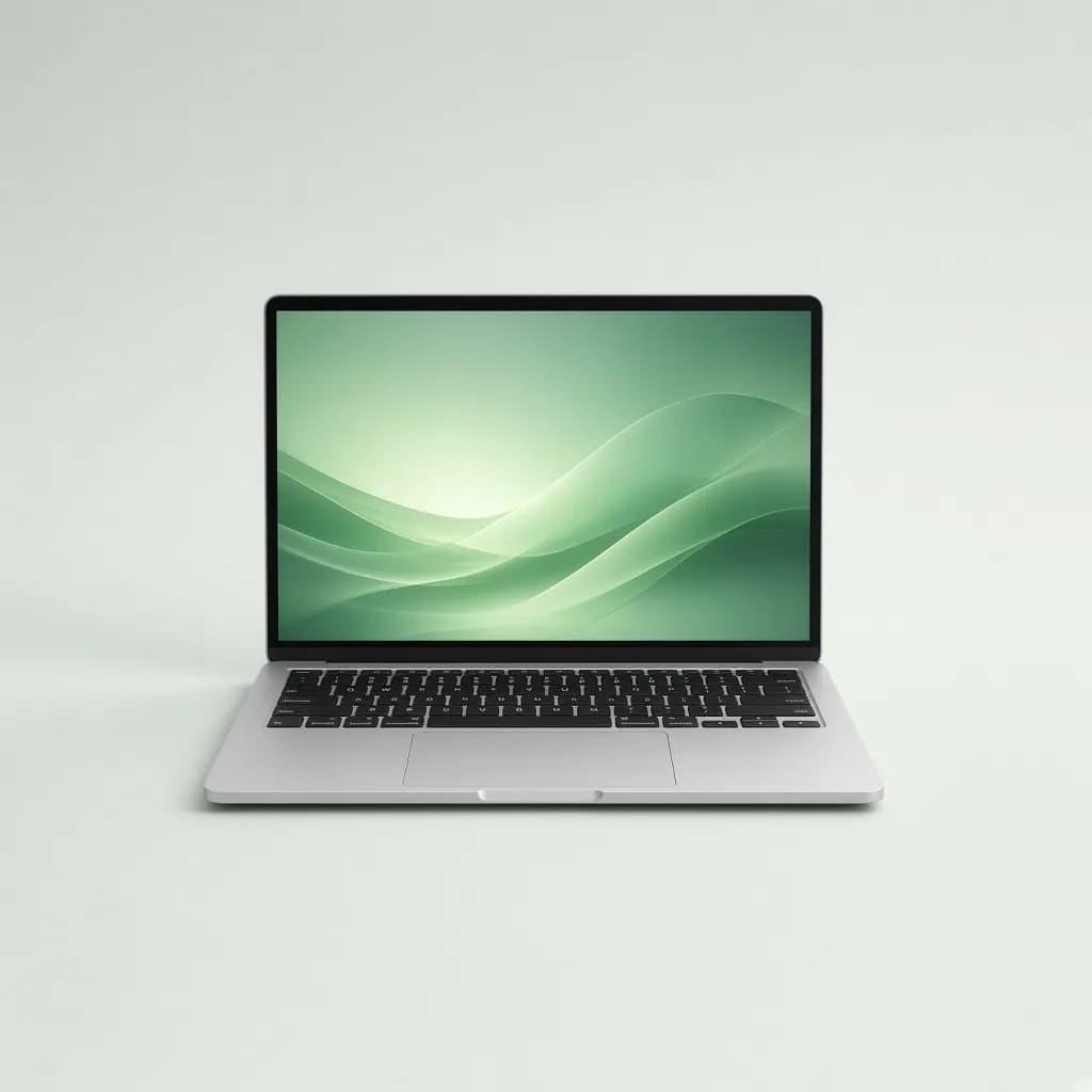 Slim open silver aluminum laptop with a softly glowing abstract green wallpaper