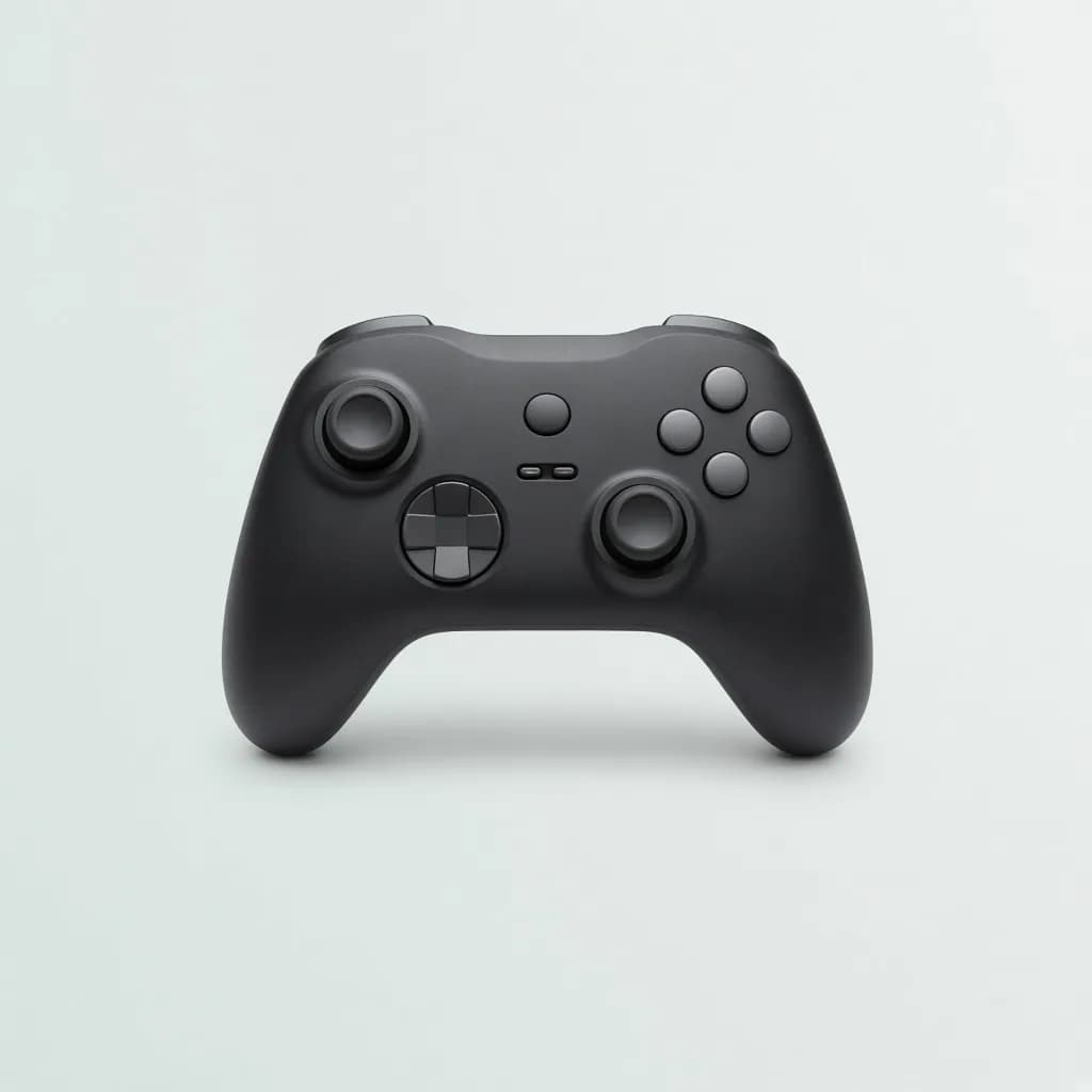 Ergonomic wireless game controller in matte black with subtle grey buttons
